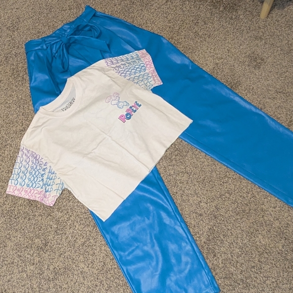 SHEIN Pants - Popeye Graphic Tee Size Medium and Shein Blue Faux Leather Pants Size Small